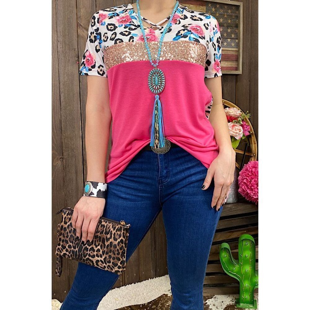 Pink Floral & Leopard Top - Picture 1 of 1